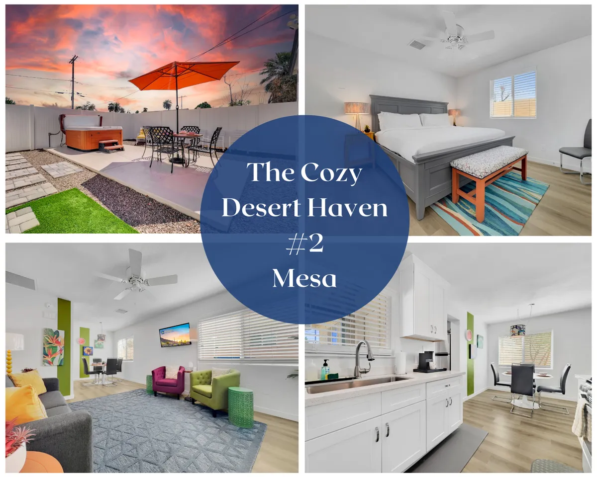 The image showcases a vibrant, sun-filled living space that seamlessly opens onto a private patio. The focal points are a sparkling hot tub surrounded by comfortable patio furniture, an inviting dining set perfect for al fresco meals, and a glimpse of a colorful living room with plush seating and a well-equipped, modern kitchen. The layout is designed for relaxation, connection, and celebration, enhanced by the warm Arizona light filtering through.